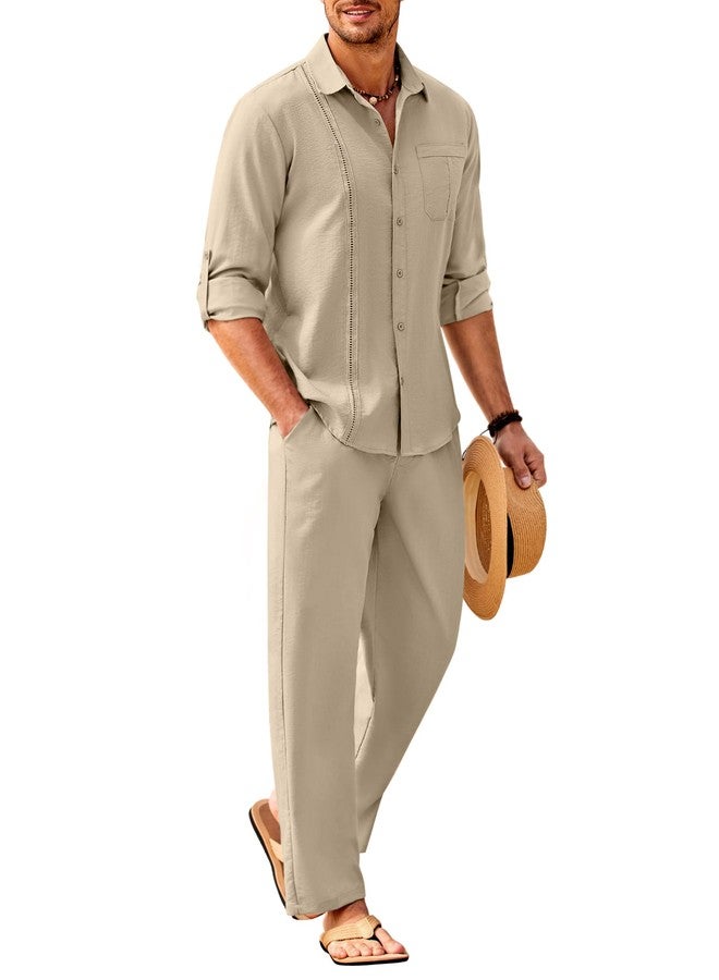 COOFANDY Mens Coordinated Outfit Hawaiian Set Linen Long Sleeve Guayabera Shirts and Drawstring Waist Pants Set Casual Beach, Khaki, Medium - Image 1
